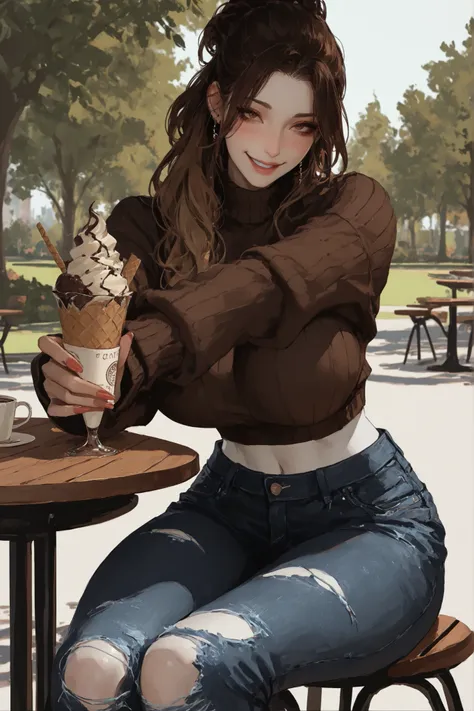 solo, female, long hair, dark brown hair, pale skin, brown eyes, tied hair, trendy, huge breasts, midriff, sweater, torn jeans, close up, smile, teasing, jewelry, day, park, curvaceous, gyaru, cafe table, slight blush, ice-cream in cup, playing with rim of...