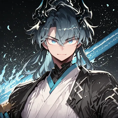 alone, 1 boy, young character, character with the height of Chung Myung from "Return Of The Mount Hua Sect", the character is male, young, black horns like Reed The Flame Shadow from "Arknights", black tail like Reed The Flame Shadow from "Arknights" with ...