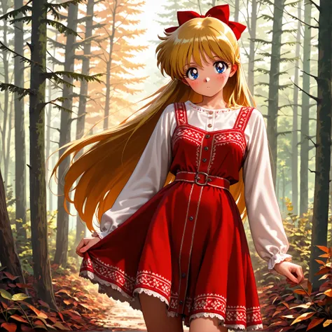 masterpiece, amazing quality, best quality, ultra-detailed, 8K, illustration, clear skin, ultra-detailed-eyes, soft skin, very awa, very as2, soft body, 1990s \(style\), official art, minako aino, blonde hair, blue eyes, bow, hair bow, half updo, long hair...