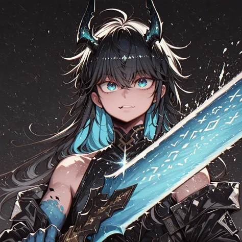 alone, 1 boy, young character, character with the height of Killua Zoldyck from "Hunter x Hunter", the character is male, young, black horns like Reed The Flame Shadow from "Arknights", black tail like Reed The Flame Shadow from "Arknights" with sky blue f...