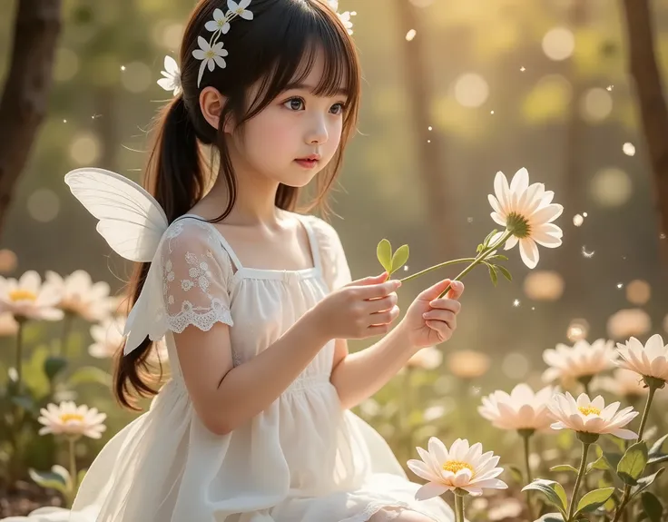 whimsical , spiritual scene , A delicate girl and a fairy are playing、 where nature and fantasy create a harmonious fusion. Her Outfit,in a layered white dress, gently imitates flower petals, in addition to her enchanting appearance. evokes strangely in...