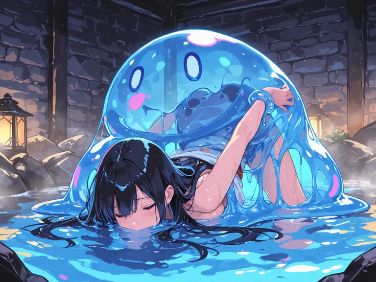 masterpiece, best quality, dungeon hot spring, actually a slime trap mimicking, 1 girl, black long hair transparent blue slime, fixed in slime, face to ground, arm held back, vibrant colors,  partly submerged, ecstasy, doggy style,