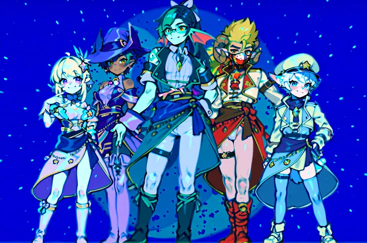 5人組のファンタジーアイドルグループが青を基調としたダイヤモンドパターンのステージinパフォーマンス中のアニメ調イラスト。
• Character 1:（Left end: エルフの女子 - 清楚in可憐なリーダー）: Star-shaped hair ornament on long white hair、blue eyes、Pointy elven ears、Delicate Body。white and light blue corset-style top with thin chiffon sle...
