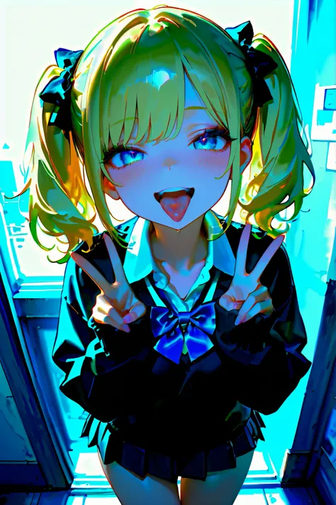 ((masterpiece)), (high detailed), perfect face, Blonde twin tails. Harajuku style fashion. Gal schoolgirl. Smiling with tongue out. Double peace sign. Mini skirt. Downtown. anime style