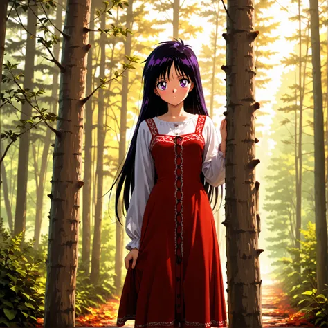 masterpiece, amazing quality, best quality, ultra-detailed, 8K, illustration, clear skin, ultra-detailed-eyes, soft skin, very awa, very as2, soft body, 1990s \(style\), official art, rei hino, black purple hair, long hair, purple eyes, parted bangs, small...