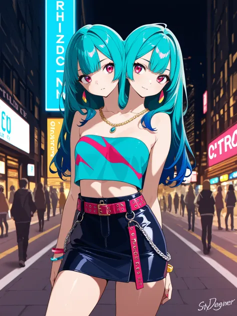 anime girl with two heads, long teal hair, stylish designer tube top, miniskirt, necklace and bracelets, strutting confidently through the vibrant streets of Metrocity, brilliant and eye-catching colors, urban fashion