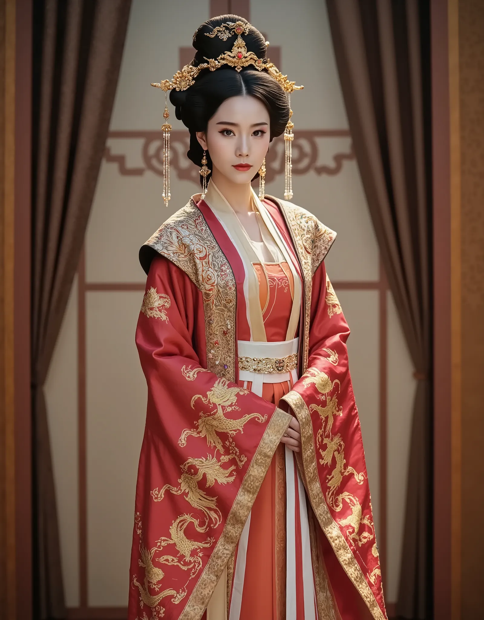 [character: Imperial lady of the Tang Dynasty ]  
exterior: A breathtakingly beautiful Chinese woman with luminous porcelain skin, Elegant oval face , Soft round eyes , and an aura of authority mixed with sensuality.  
Costume: wear **Splendid Tang Dynasty...