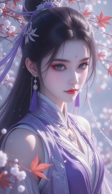 Chinese Fairy Tales character, extremely details, high detailed face, mature woman, cool beauty, living expressions, (cold gaze, cold eyes, aqua eyes), expressionless, (black hair), highlight, high ponytail, shiny silky, long hair, tassel earrings, Hair tu...