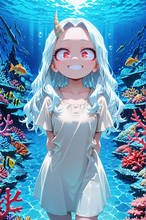 1 girl, solo, normal, smiling, looking at viewer,
Academia Eri, 
Eri, long hair, red eyes, white hair, horns, one horn,
(masterpiece, best quality, very high resolution), masterpiece, high resolution, perfect anatomy, anime style, anime screenshots, 8K wal...