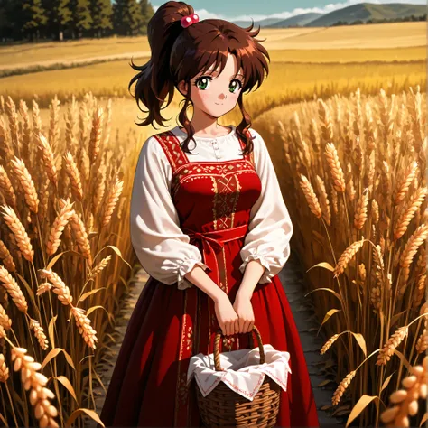 masterpiece, amazing quality, best quality, ultra-detailed, 8K, illustration, clear skin, ultra-detailed-eyes, soft skin, very awa, very as2, soft body, 1990s \(style\), official art, makoto kino, brown hair, green eyes, hair bobbles, medium hair, ponytail...