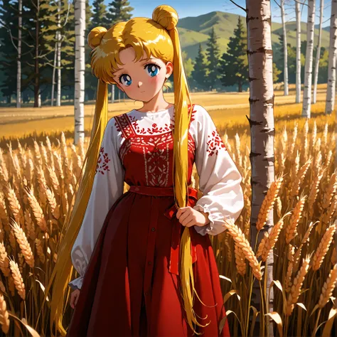 masterpiece, amazing quality, best quality, ultra-detailed, 8K, illustration, clear skin, ultra-detailed-eyes, soft skin, very awa, very as2, soft body, 1990s \(style\), official art, usagi tsukino, blonde hair, blue eyes, double bun, hair bun, long hair, ...