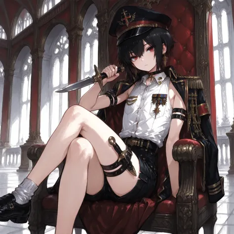 ((Best quality)), ((masterpieces)), (detailed), Perfect Face, SOLO, ((femboy)), tomgirl, ANIME, beautiful detailed eyes, BOB hair, BOBed hair, black hair, RED EYES, BARE thighs, (((BARE LEG))), ((BLACK short pants)), (((dress shirt))), ((Flat chest)), Chok...