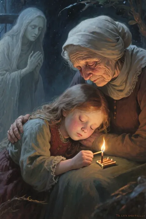 Imaginary friends. From Andersen's fairy tale "The Little Match Girl." When the Little Match Girl strikes the last match, her gentle grandmother appears in front of her eyes, and the little match girl falls asleep in her grandmother's arms. This sad scene is depicted in oil painting as an illustration for the fairy tale.