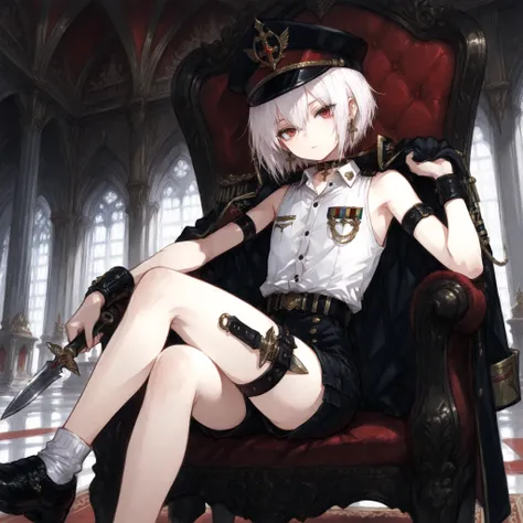 ((Best quality)), ((masterpieces)), (detailed), Perfect Face, SOLO, ((femboy)), tomgirl, ANIME, beautiful detailed eyes, BOB hair, BOBed hair, white hair, RED EYES, BARE thighs, (((BARE LEG))), ((BLACK short pants)), (((dress shirt))), ((Flat chest)), Chok...