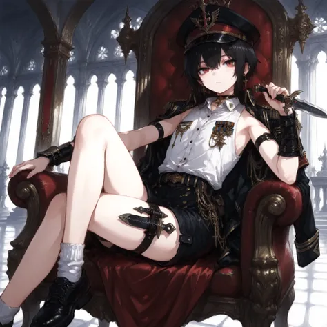 ((Best quality)), ((masterpieces)), (detailed), Perfect Face, SOLO, ((femboy)), tomgirl, ANIME, beautiful detailed eyes, BOB hair, BOBed hair, black hair, RED EYES, BARE thighs, (((BARE LEG))), ((BLACK short pants)), (((dress shirt))), ((Flat chest)), Chok...