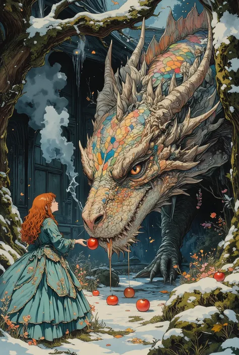 In the heart of a dark old garden, where ancient, moss-covered apple trees stand like silent guardians, a girl with long red curly hair peacefully feeds red apples to a huge terrifyingly beautiful fantastic dragon covered with rainbow scales, shimmering in...