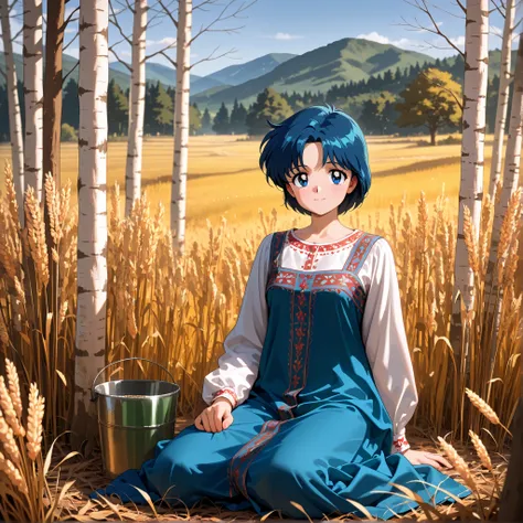 masterpiece, amazing quality, best quality, ultra-detailed, 8K, illustration, clear skin, ultra-detailed-eyes, soft skin, very awa, very as2, soft body, 1990s \(style\), official art, ami mizuno, blue eyes, blue hair, short hair, parted bangs, small breast...