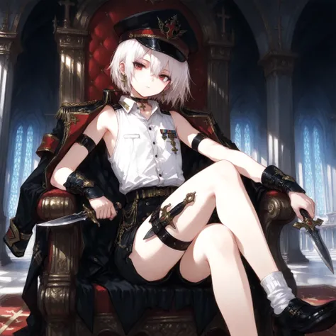 ((Best quality)), ((masterpieces)), (detailed), Perfect Face, SOLO, ((femboy)), tomgirl, ANIME, beautiful detailed eyes, BOB hair, BOBed hair, white hair, RED EYES, BARE thighs, (((BARE LEG))), ((BLACK short pants)), (((dress shirt))), ((Flat chest)), Chok...