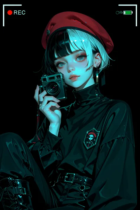 A girl with a short helmet-type haircut with bangs and the color black, white skin, she wears a black turtleneck, red beret, and black pants with boots , holding a vintage film camera in his hand and recording on a unicolor set with a black background