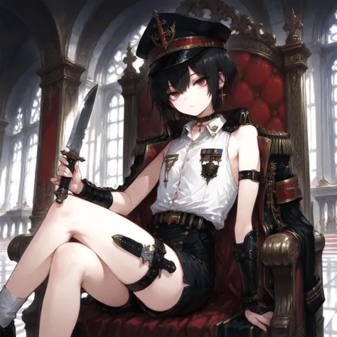 ((Best quality)), ((masterpieces)), (detailed), Perfect Face, SOLO, ((femboy)), tomgirl, ANIME, beautiful detailed eyes, BOB hair, BOBed hair, black hair, RED EYES, BARE thighs, (((BARE LEG))), ((BLACK short pants)), (((dress shirt))), ((Flat chest)), Chok...