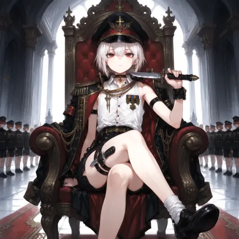 ((Best quality)), ((masterpieces)), (detailed), Perfect Face, SOLO, ((femboy)), tomgirl, ANIME, beautiful detailed eyes, BOB hair, BOBed hair, white hair, RED EYES, BARE thighs, (((BARE LEG))), ((BLACK short pants)), (((dress shirt))), ((Flat chest)), Chok...