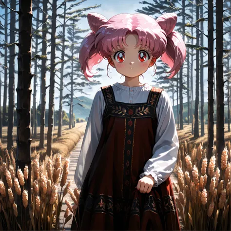 masterpiece, amazing quality, best quality, ultra-detailed, 8K, illustration, clear skin, ultra-detailed-eyes, soft skin, very awa, very as2, soft body, 1990s \(style\), official art, lil girl, aacusa, short hair, pink hair, cone hair bun, twintails, red e...
