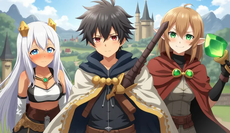 Three anime characters standing in a medieval fantasy town. In the center, a serious black-haired boy with red eyes, wearing a dark cloak and holding a large sword on his back. On the left, a dark-skinned elf girl with long white hair, golden jewelry, and ...