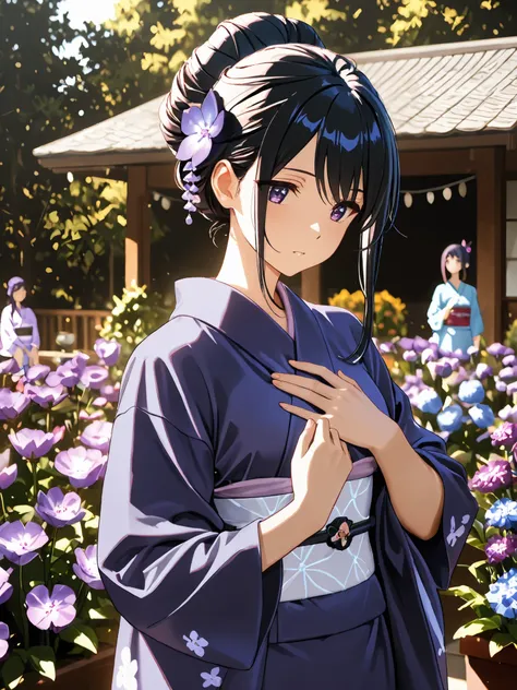 Woman in kimono, violet kimono, violet-shaped hair accessory, black hair, bun hairstyle, The kimono is open, showing the shoulders, outdoors, flower garden, Soft light, White obi for kimono, Masterpiece, high detail, Japanese anime style, Staring at the au...