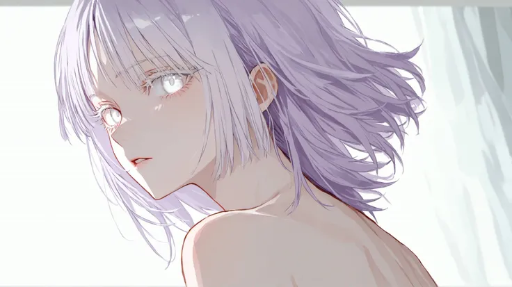 High Definition　one woman　full nude　big 　light purple hair　with bangs that cover his eyes　Hair with long back hair and short side hair　Pure white eyes　White eyelashes　 I have long lashes　tall　Good Style　Bewitching　Creepy