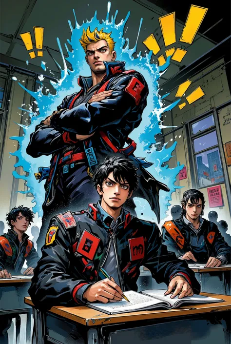 anime-style, dynamic composition, a quiet and studious Japanese schoolboy sitting at his desk in a classroom, calmly taking notes with a serious face, behind him stands an intimidating imaginary friend: a tall, muscular delinquent with bleached blonde pomp...