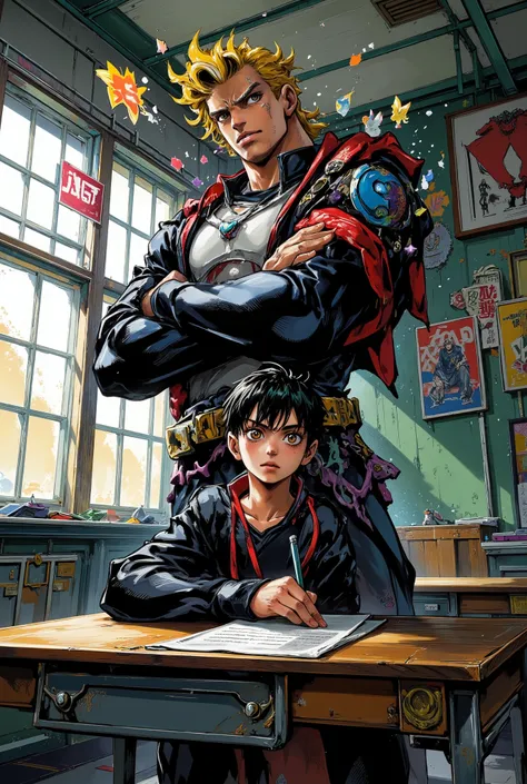 anime-style, dynamic composition, a quiet and studious Japanese schoolboy sitting at his desk in a classroom, calmly taking notes with a serious face, behind him stands an intimidating imaginary friend: a tall, muscular delinquent with bleached blonde pomp...