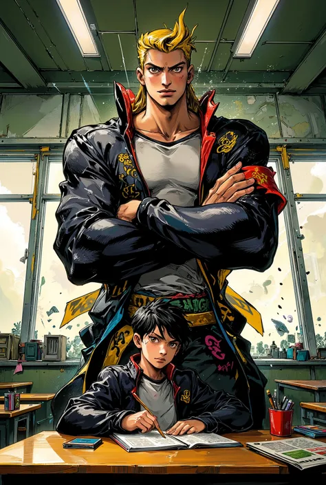 anime-style, dynamic composition, a quiet and studious Japanese schoolboy sitting at his desk in a classroom, calmly taking notes with a serious face, behind him stands an intimidating imaginary friend: a tall, muscular delinquent with bleached blonde pomp...