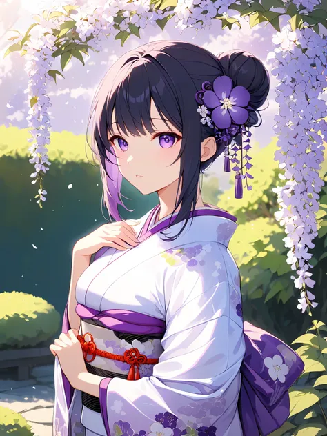 Woman in kimono, violet kimono, violet-shaped hair accessory, black hair, bun hairstyle, The kimono is open, showing the shoulders, outdoors, flower garden, Soft light, White obi for kimono, Masterpiece, high detail, Japanese anime style, Staring at the au...