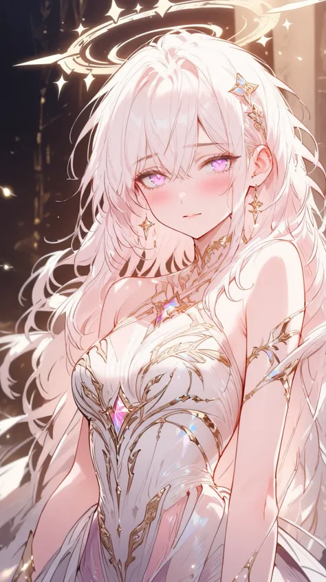 Masterpiece, Ultra Detailed, Top Quality, Highly Aesthetic, Ethereal Elegance, Angelic Design, Light Fantasy Style, Heavenly Atmosphere, Gentle Blooming, Subtle Backlight Glow, Soft Lighting, Dreamy and Emotional Tone, 1 Girl, Alone, Standing Pose, Looking...