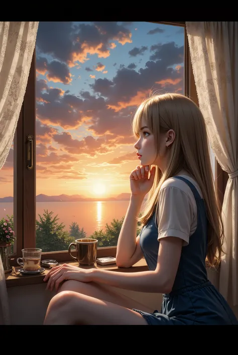 The girl at the window at sunset