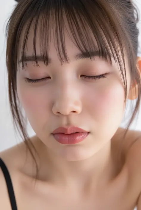 lips and shining highlights, Composition above collarbone, white background studio, soft natural light, soft lips that reflect light (Approximately 35 degrees), whole face and the head fits within the frame, moist skin texture, Gently closed eyes, softly b...
