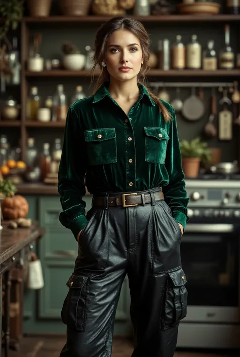  full body image, woman wearing a green velvet button down shirt and oversized baggy leather cargo pants with a belt, fully stocked vintage kitchen