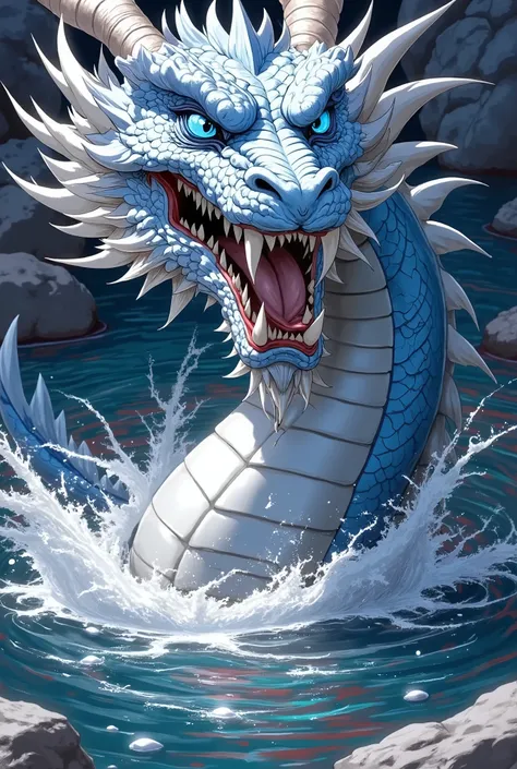 A ferocious water dragon emerging from a wild river, roaring with its mouth wide open, surrounded by splashing water and mist, dark blue and deep ocean tones, fantasy style, hyper-detailed, vertical 9:16 composition, dramatic lighting, cinematic atmosphere...