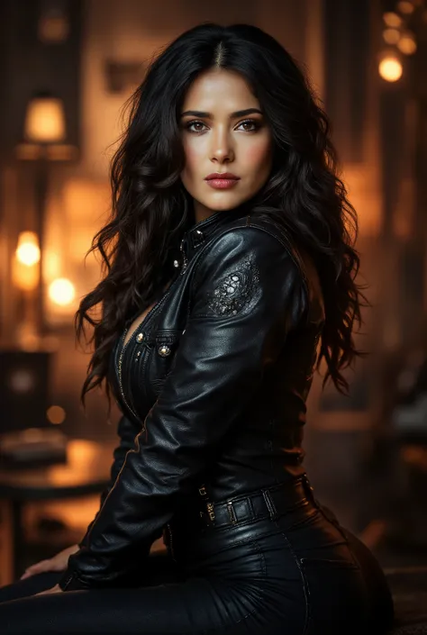 photorealism, full body, a mexican woman, leather jacket & pants, leather, beautiful realistic eyeantastic face, beautiful look, Michael Garmash, Daniel F Gerhartz, Storybook style, warm dreamy lighting, volumetric lighting, pulp adventure style, dynamic g...