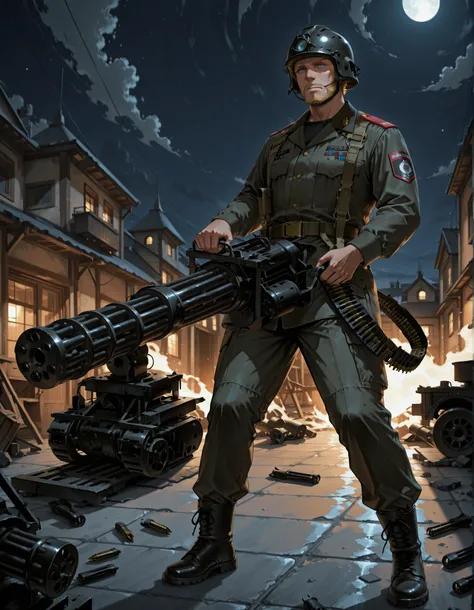 (masterpiece, best quality), intricate details, detailed background, high res, 8K, solo, solo focus, 1male, male focus, adult, mature male, (multicam military uniform), belt, side holster, (blonde hair, short hair, helmet), blue eyes, black combat boots, (...