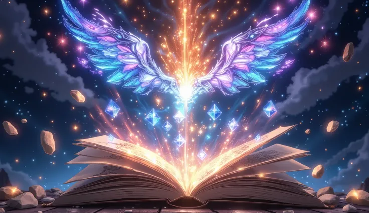 Visuals that look like opening flowers, angel wings, crystal orbs, and magic books。Composition where natural stones float on the page、Light and shadow production reminiscent of the beginning of an adventure fantasy。Atmosphere where spirits and angels seem ...