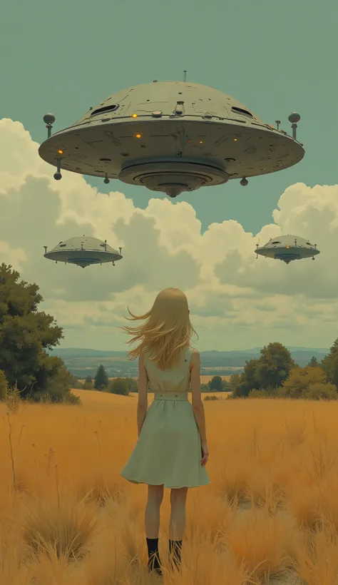 Vast, An open field under a partially cloudy sky, young woman standing with her back, horizon、several giant flying saucers are hovering in formation. She appears to be in her early twenties., Put on the light, Knee-length, sci-fi theme alluding to a past e...