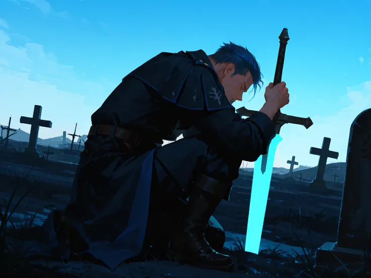 medium shot, side shot, makes an aesthetic, Master piece, Best Quality, ultra detailed, a handsome man, (man:1.6), solo, (male:1.6) short Hair, male glowing blue hair, male slicked back hair, closing eyes, toned, dark blue male fantasy-style military costu...