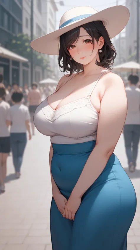 {{anime , whole body, source_anime, outdoors, colorful, vibrant, blurry background, looking at viewer, solo, crowd, }} mature female, asian, Japanese, fair skin, plump, mole under right eye, mature eyes, housewife, eyeliner, gentle eyes, black hair, swept ...