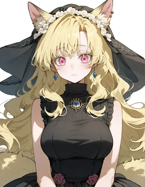 girl,Gold-White Hair,in pink eyes,girlมังกร,wolf hair cut,long hair,Long White Victorian Dress, Sleeveless Top,Long Eyelashes,Big Breasts,Fluffy Tail,Milf,Yellow hair,Has a long tail,Milf,Drooping ears,black veil,Wavy hair,Sharp eyes,Turtleneck,Animal ears...