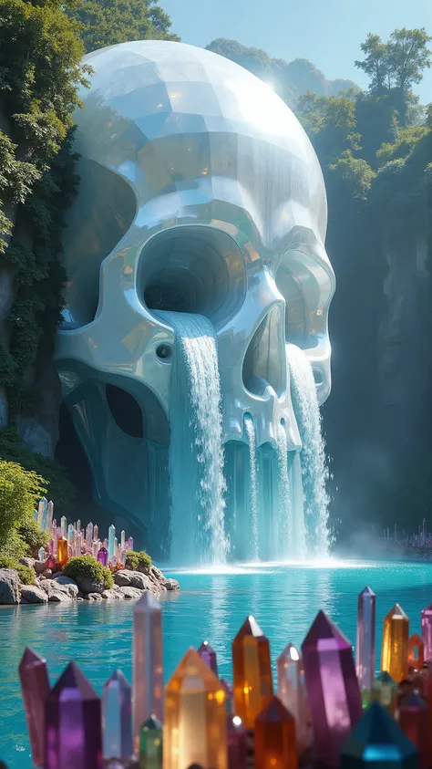 An enormous translucent quartz crystal skull that is 300 feet tall made of one gigantic crystal, shaped and polished into a realistic looking human skull shape, buffed to a high gleam glossy shine, right on a cliff side surrounded by tropical rainforest. T...