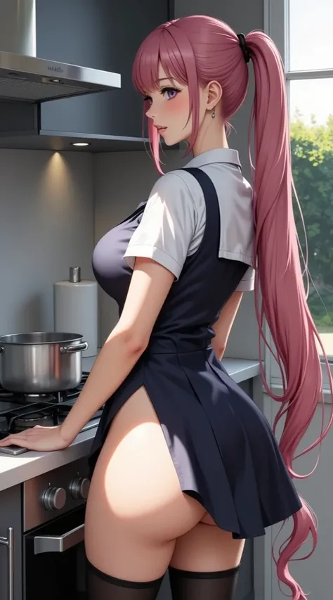  (Masterpiece,  computer, mejor quality,  Clear focus, shadow, anime style, ultra high resolution, 8K, perfect anatomy, perfect face, (detailed face), (  Detailed eye  ), score_9, score_8_above, score_7_above, score_6_above, score_5_above, score_4_above,  source _animated, Label 1, Label2, quality_Masterpiece, Anatomically correct, beautiful face, perfect face, Beautiful and highly detailed face and eyes, Attractive face, detailed face, Delicate facial features, detailed skin, huge breasts, breast size cup D or DD, wide hips, gigantic butt, thick thighs. looking at the spectator. Anime-style illustration of a beautiful woman with an elegant and sensual look. A young woman in a modern kitchen. She has long hair, straight and pink, tied in a high ponytail. She wears a white short-sleeved shirt with a dark vest over it, similar to a school or work uniform. The figure is rotated in profile, looking at a pot on the stove, as if she were cooking or preparing something. The environment includes contemporary kitchen furniture and a window in the background that lets in light. The image has a detailed and polished style, characteristic of Japanese digital illustrations. looking at the spectator.