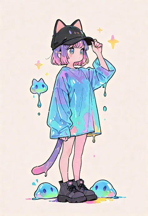 flat color ,  contemporary art , solo, 1girl,  watercolor, full body,  Cat ear hat、cat slime, CuteToon_ST,