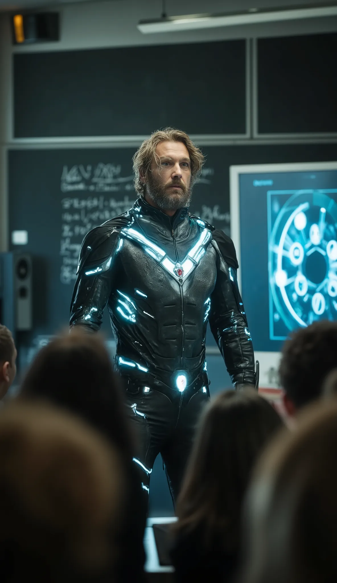 a highly detailed professional photo with sharp focus and bokeh effect, bearded teacher dressed as a superhero standing confidently in a futuristic classroom inspired by X-Men style, wearing a custom suit with a cape and glowing tech accents, chalkboard or...