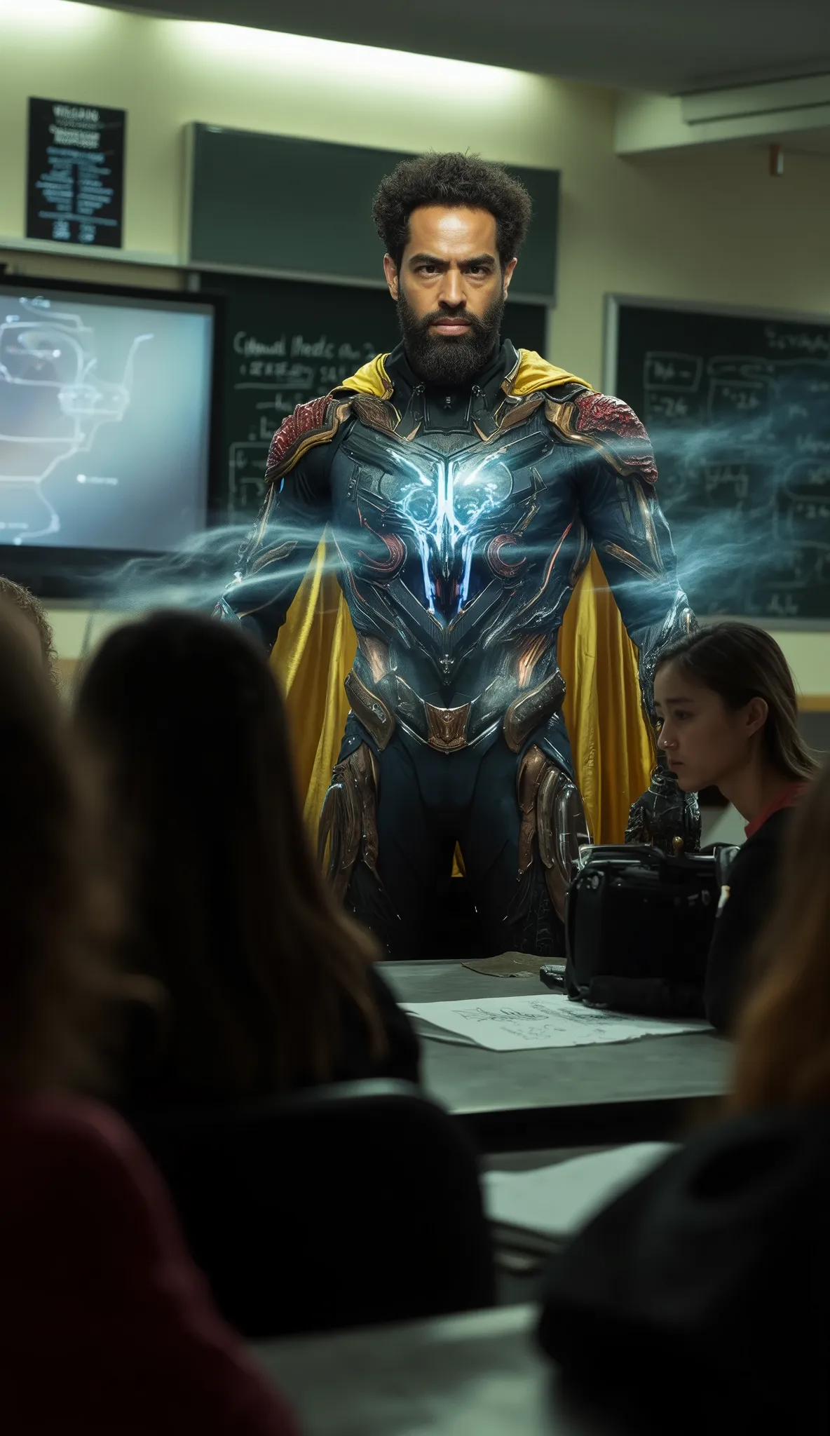 a highly detailed professional photo with sharp focus and bokeh effect, bearded teacher dressed as a superhero standing confidently in a futuristic classroom inspired by X-Men style, wearing a custom suit with a cape and glowing tech accents, chalkboard or...